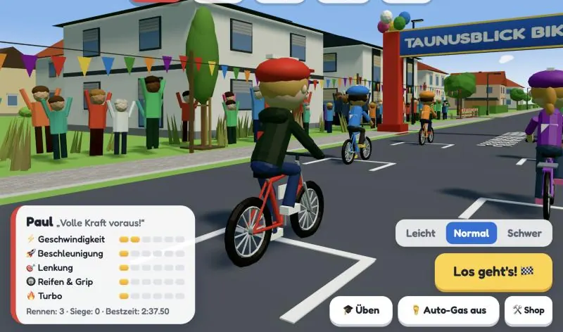 Bildschirm aus dem Spiel: Paul als 3D-Figur auf dem roten Fahrrad vor dem Start, daneben seine Werte